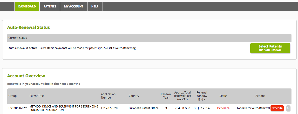 Dashboard - Upcoming Online Patent Renewals